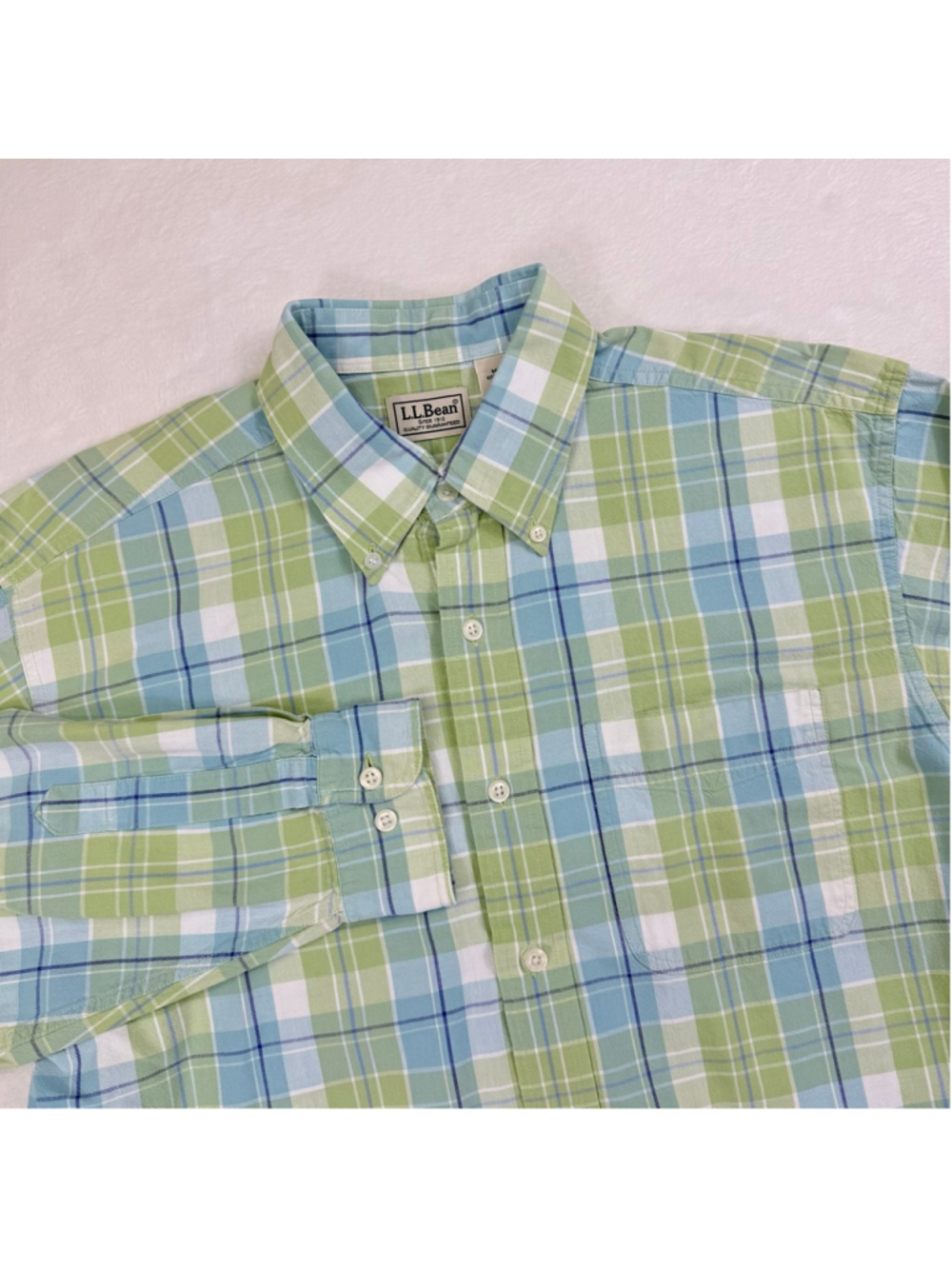 Men's L.L. Bean Plaid Casual Button Down Shirt Medium Regular Green Blue